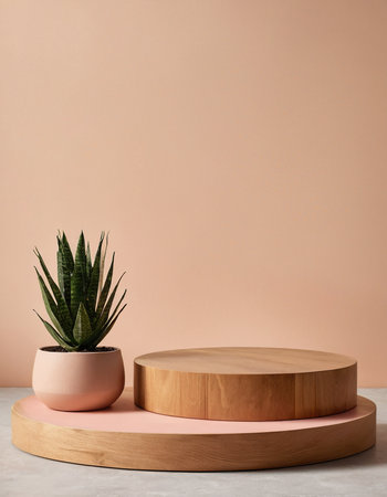 Wooden podium and succulent plant in pot on beige backgroundの素材