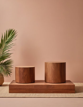 Wooden podiums on beige background. 3d rendering.の素材