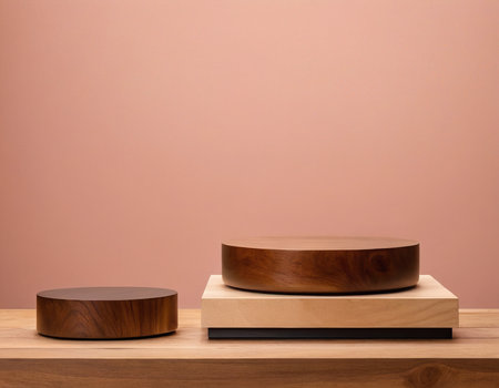 Wooden podium on a wooden table against a pink wall. Product display.の素材