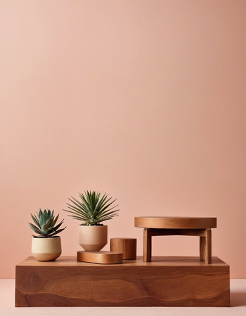 Wooden shelf with succulents in pots on pink wall backgroundの素材