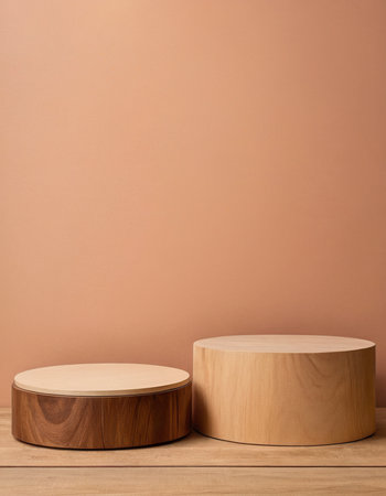 Wooden podiums on brown background. Mockup for product displayの素材