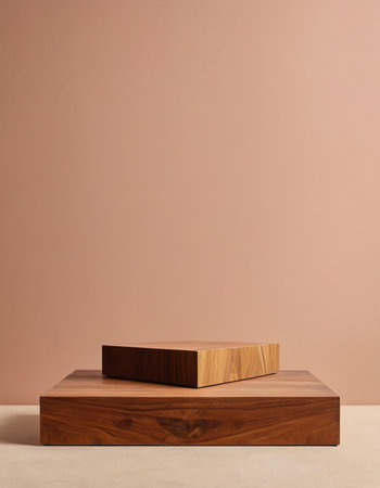 Wooden podium for product presentation on beige background. 3d renderの素材
