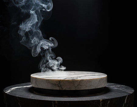White marble pedestal with smoke on black background. Mockup for designの素材