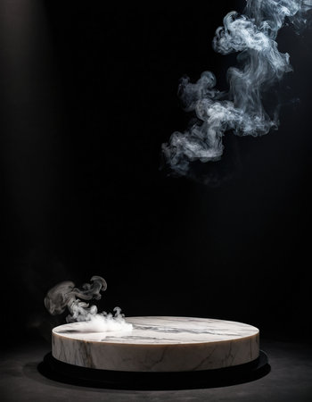 White marble podium on black background with smoke. Mockup for designの素材