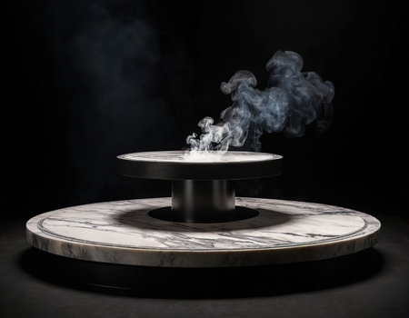 Coffee table with smoke on black background. 3d renderingの素材