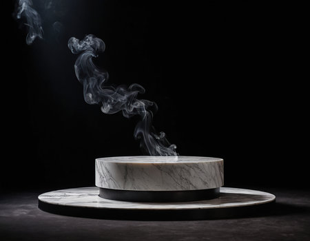 white marble pedestal with smoke on black background. 3d renderingの素材