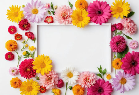 Flowers composition. Frame made of colorful flowers on white background. Flat lay, top view, copy spaceの素材