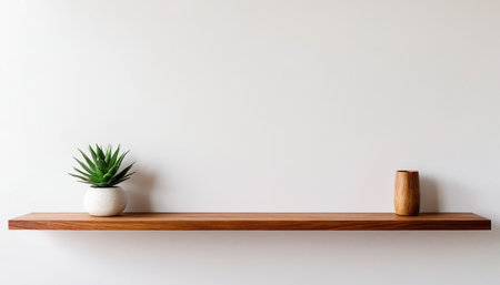 Wooden shelf with plant and vase on white wall background.の素材