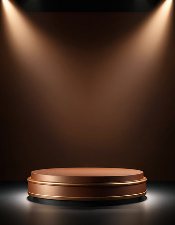 Round golden podium on dark background with spotlights. 3D renderingの素材