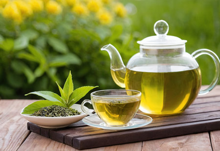 Green tea with dry tea leaves in a cup and teapot on a wooden table in the gardenの素材
