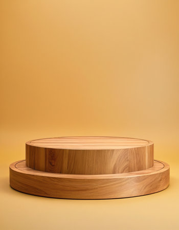 Wooden podium for product display on yellow background. 3d renderingの素材
