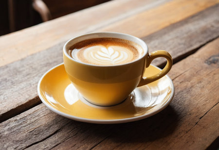 Coffee cup on wooden table in coffee shop, stock photoの素材