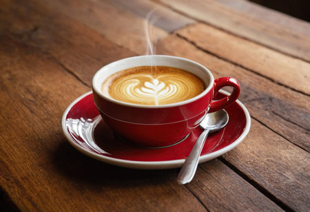 Latte art coffee in red cup on wooden table, stock photoの素材