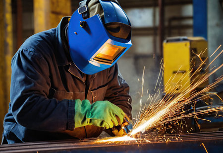 Industrial worker with protective mask welding metal at factory. Metalwork and construction concept.の素材