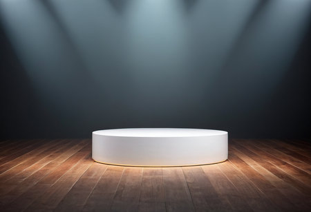 white podium on a wooden floor illuminated by spotlights. 3d renderingの素材