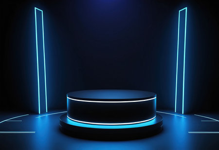 Neon blue round podium on dark background. 3D rendering.の素材