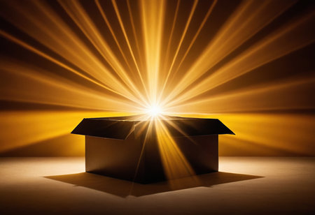 Gift box with light rays coming out of it, conceptual imageの素材
