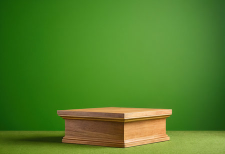 Empty wooden podium on green background. Mock up, 3D Renderingの素材