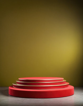 3d render of red podium for product presentation on dark background.の素材