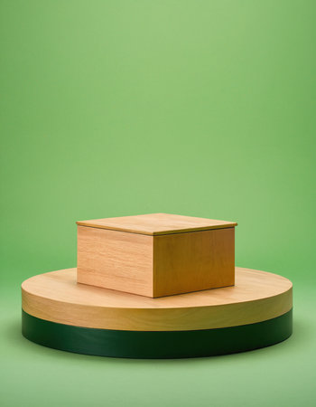 Wooden podium for product presentation on green background. Minimal styleの素材