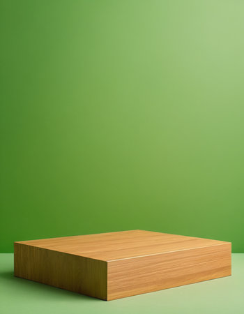 Wooden podium on green background. 3d rendering, 3d illustration.の素材