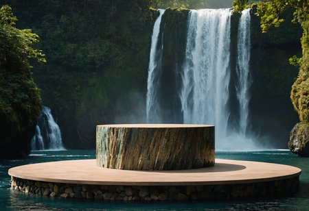 Wooden podium in front of a beautiful waterfall. 3d renderingの素材