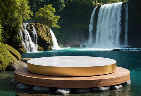 3d rendering of a round podium with a waterfall in the backgroundの素材