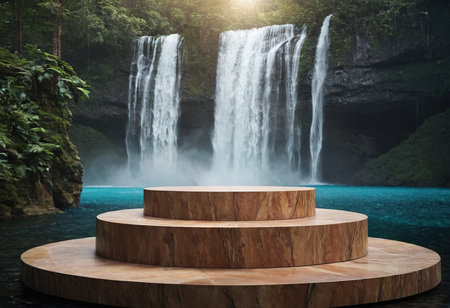 Wooden podium with waterfall in tropical forest. 3D Renderingの素材