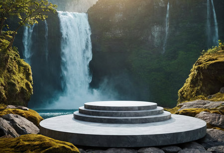3d rendering of a round podium in front of a waterfall backgroundの素材
