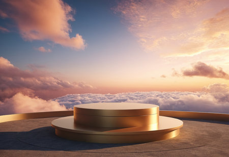 Podium or pedestal in the sky with clouds at sunset. 3D renderingの素材