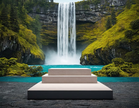 3d render of white podium on the background of a beautiful waterfallの素材