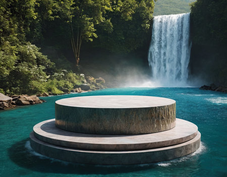 3d rendering of a round podium in front of a waterfall in the forestの素材