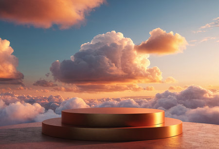 Golden podium on the background of the sky with clouds. 3d renderingの素材