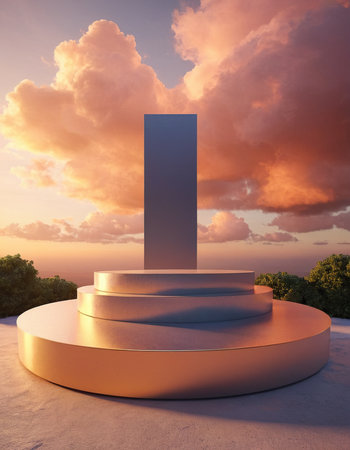3d render of podium and sky with clouds at sunset background.の素材