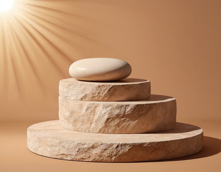 3d render of stone podium on beige background with sun raysの素材