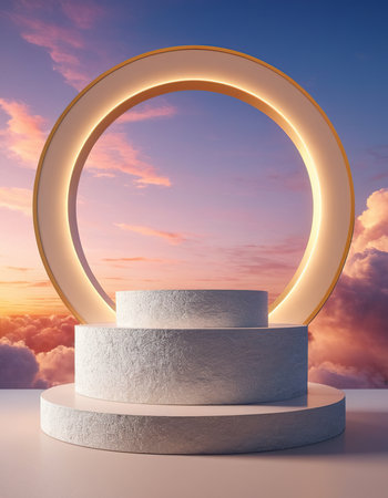 Abstract scene with podium and round arch in sky. 3d renderの素材