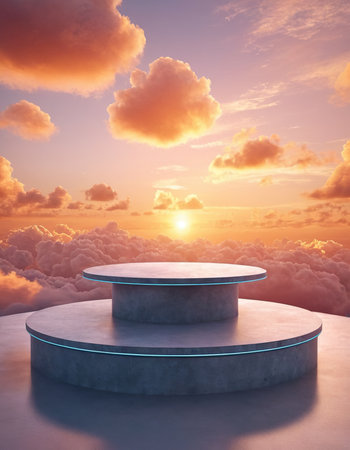 3d render of podium on the background of the sky with cloudsの素材