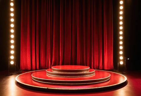 Stage with red curtains and round podium, illuminated by spotlights.の素材