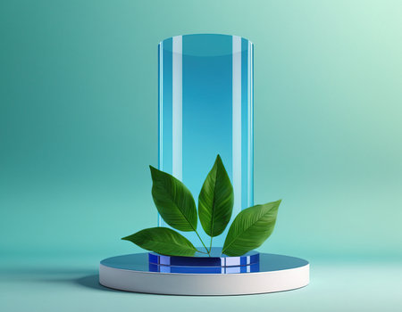 3d render of podium with green leaves on blue background. Minimal concept.の素材