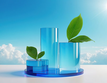 3d render of blue glass podium with green plant and blue sky backgroundの素材