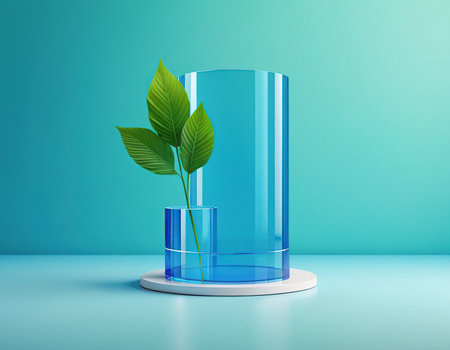 3d render of green plant in glass vase on blue backgroundの素材