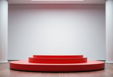 Red round podium in front of a white wall. 3d renderingの素材