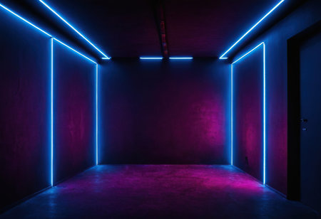 Futuristic empty room with neon lights, 3D rendering.の素材