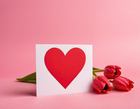 Valentine's day greeting card with red heart and tulips on pink backgroundの素材