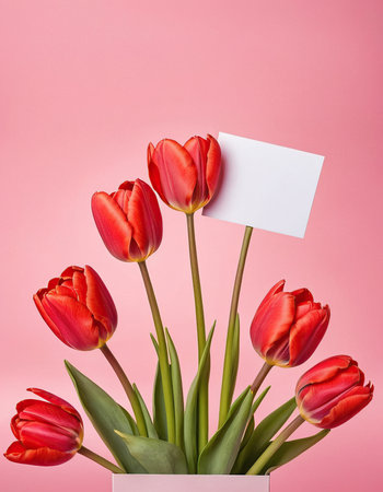 Bouquet of red tulips with blank card on pink backgroundの素材
