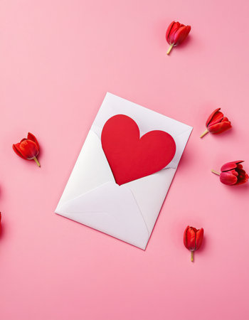 Valentine's day greeting card with red heart and tulips on pink backgroundの素材