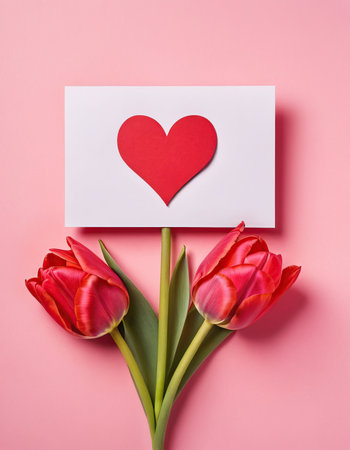Valentine's day greeting card with red tulips on pink backgroundの素材