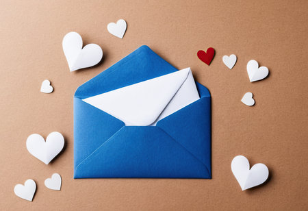 Envelope and paper hearts on a brown background. Valentine's Dayの素材