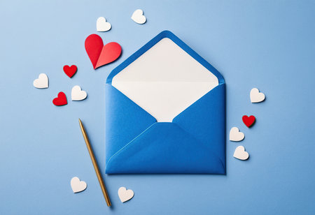Envelope and paper hearts on a blue background. Valentine's Day.の素材