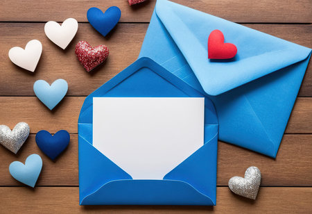 Envelope with blank card and hearts on wooden background. Valentines day conceptの素材